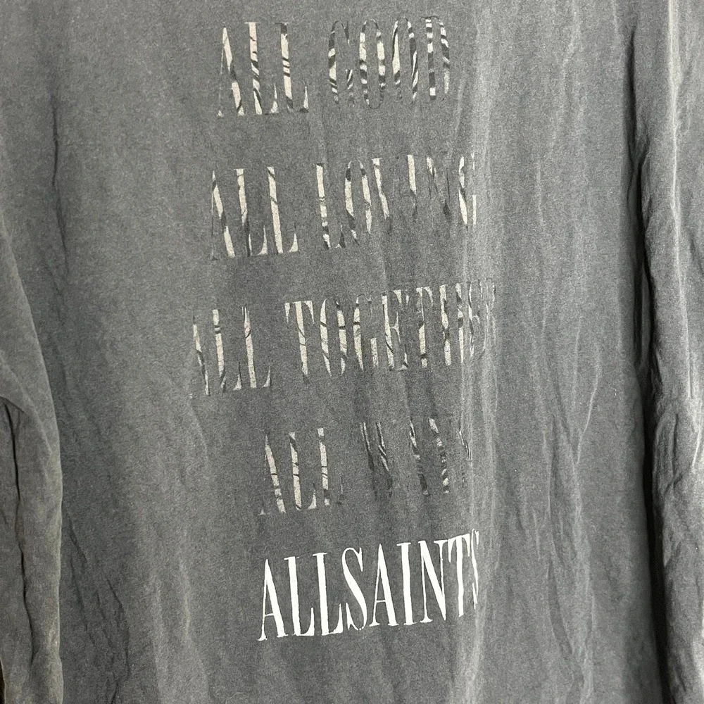 AllSaints Gray Cuffed Graphic T-Shirt Box Logo Cotton Tee Mens M/L Womens L - Picture 3 of 9